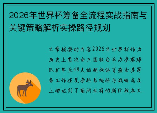 2026年世界杯筹备全流程实战指南与关键策略解析实操路径规划 2026年世界杯筹备全流程实战指南与关键策略解析实操路径规划